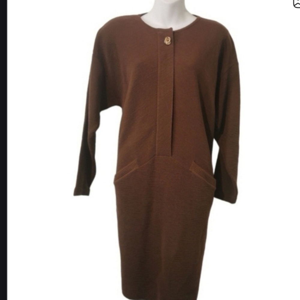 Vintage Knit Neutral Brown Wool Blend Minimalist Medium Wool Blend Dress Pockets - Picture 2 of 10
